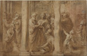 Pyhän Pietarin ja Pyhän Johanneksen parantama ramman miehen ihme tekijältä Sir Peter Paul Rubens over Anonymous Italian after Parmigianino after Raphael