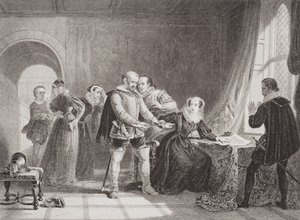 Mary Queen of Scots (1542-87) joutui allekirjoittamaan kruununsa Lochlevenin linnassa vuonna 1567, "Englannin ja Skotlannin historian kuvituksia" osasta I. tekijältä Sir William Allan