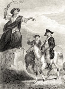Meg Merrilies ennustaa Ellangownin talon kaatumista, piirros Sir Walter Scottin (1771-1832) Guy Manneringista, julkaistu 1820 tekijältä Sir William Allan