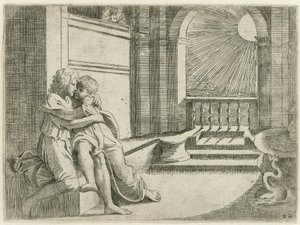 Abimelech ziet Isaak Rebekka liefkozen Bijbelse-kohtaukset (sarjan nimi) Historia del Testamento Vecchio / Raffaelle di Urbinin maalaama Roomassa Vatikaanissa (...) (sarjan nimi)