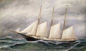 Kuunari "Robert Ingle Carter" täydessä purjeessa, laskettu vesille vuonna 1891 Bostonissa (Massachusetts, Yhdysvallat) Newportissa (Rhode Island, Yhdysvallat) toimivan hiilikauppiaan lukuun. tekijältä Solon Francis Montecello Badger