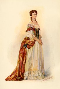 Punaisesta brokadista valmistettu puku, jota käytettiin Barbadosin siirtokunnassa c1685, 1903, 1937. tekijältä Sophie B. Steel