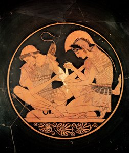 Vulcista, n. 500 eaa., sijaitsevan ullakon punaisen kylix-hahmon sisäpuoli, joka kuvaa Akhilleusta hoitamassa haavoittuneita patrokleita (keramiikka) tekijältä Sosias Painter