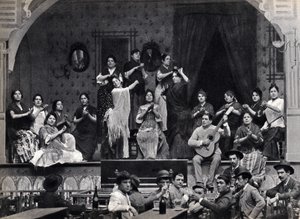 Sevilla, Espanja, tanssi- ja flamencomusiikkia kahvilassa. Valokuvaus, 1800-luvun loppu,