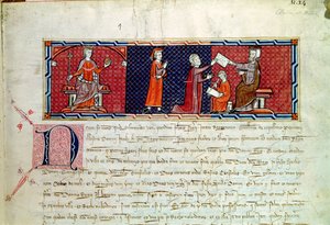 Nainen vannomassa valan Mallorcan kuningas Jaakob I:n (1207–1276) edessä Capbreu de Clayra et de Millasista, 1292 tekijältä Spanish School