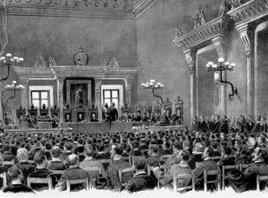 Katalonian nationalistien kokoontuminen kokoontui Manresan kaupungintaloon laatimaan 16 perustaa Katalonian alueellisen perustuslain palvelemiseksi vuonna 1892. Piirustus Jaume Pahissa. tekijältä Spanish School