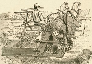 1800-luvun lopulla käytössä ollut sadonkorjuukone, jota vetivät hevoset ja joka sitoi maissin lyhteitä mekaanisesti. El Museo Popular -julkaisusta Madrid tekijältä Spanish School