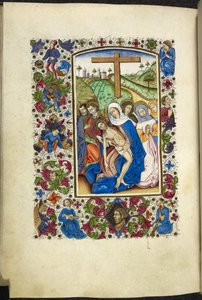 Lisää MS 50004 f.70v Neitsyt Maria pitelee Kristuksen ruumista, kaksi opetuslasta ja naista vieressään "Tuntikirjasta" (mustetta, väriä ja kultaa perunakalvolla) tekijältä Spanish School