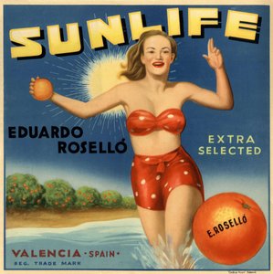 Mainos appelsiineista, kuva naisesta uimapuvussa. Mainosjuliste, Valencia tekijältä Spanish School