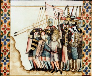Armee des croises Yksityiskohta sivusta, joka on otettu Pyhän Marian laulun (Cantigas de Santa Maria) käsikirjoituksesta, koristelemalla Pyhälle Marialle ja hänen ihmeilleen omistettuja miniatyyrejä, kokoelma lauluja, jotka ovat redige Alfonso X viisaan ha tekijältä Spanish School