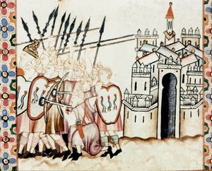 Maurien armee puolustamassa kaupunkia Yksityiskohta sivusta, joka on otettu Pyhän Marian laulun (Cantigas de Santa Maria) käsikirjoituksesta, koristaa Pyhälle Marialle ja hänen ihmeilleen omistettuja miniatyyrejä, Alfonso X w tekijältä Spanish School