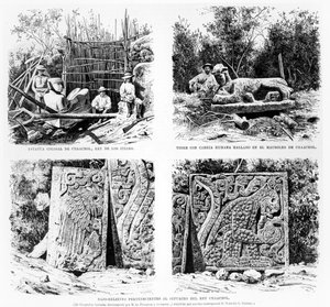 Augustus Le Plongeonin Chichen Itzasta löytämät esineet, kuvitus La Ilustracion Espanola y Americanasta vuodelta 1877 tekijältä Spanish School