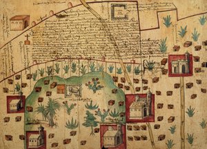 Ayer MS 1801 Kartta 1: Kartta maista Tultepecin ja Jaltocanin alueilla Hacienda de Santa Inesin vieressä Meksikossa, julkaistu 1569