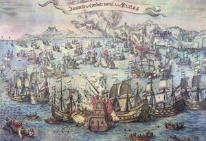Alamäkien taistelu, 21. lokakuuta 1639 (värillinen kaiverrus) tekijältä Spanish School