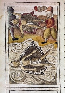 Meksikon valloitusta koskeva koodeksi: Itzquauhtzinin ja Montezuman eli Moctezuma II:n eli atsteekkien keisarin (1466-1520) ruumiit, jotka espanjalaiset heittävät ulos palatsista. tekijältä Spanish School