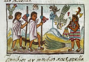 Meksikon valloitusta koskeva koodeksi: Tzinacantlaniin naamioituneet kauppiaat. Pienennös Bernardino de Sahagunin firenzeläisestä käsikirjoituksesta "Storia degli Aztechi" (Atsteekkien historia). tekijältä Spanish School