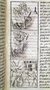Meksikon valloitusta koskeva koodeksi: espanjalaiset ovat valmiita hyökkäämään Tenochtitian kaupunkiin. Pienoiskuva Bernardino de Sahagunin firenzeläisestä käsikirjoituksesta "Storia degli Aztechi" (Atsteekkien historia). tekijältä Spanish School
