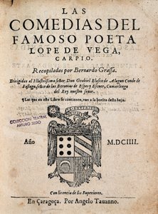 Kansi kuuluisan runoilijan Lope de Vegan komediasta, kirjoittanut Felix Lope de Vega Carpio (1562-1635), painos 1604 (painettu monografia) tekijältä Spanish School