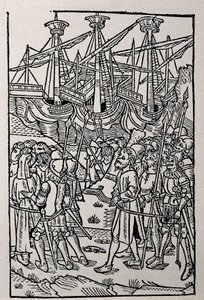 Kaiverrus Vespasianuksen historiassa, painettu vuonna 1495 Zaragozassa (mustavalkokuva) tekijältä Spanish School