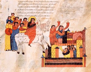 Kuningas Daavidin saapuminen Jerusalemiin trumpettien soidessa, visigoottilais-motsarabialainen Pyhän Isidores-Raamattu, Fol.135r., A.D. 960
