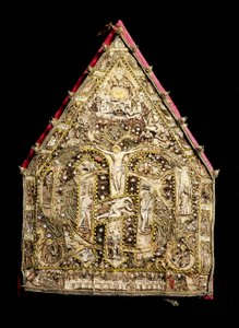 Eveque-jiiraus kultaista höyhenmosaiikkia, jonka ovat valmistaneet espanjalaiset lähetyssaarnaajat Meksikossa. 1500-luvun Firenze, Museo degli Argenti tekijältä Spanish School