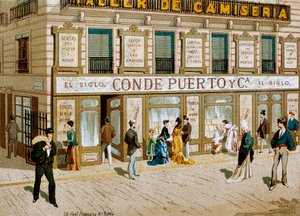 Muoti: mainosjuliste kangaskaupan "Conde Puerto" -putiikille Barcelona. 1800-luvulla tekijältä Spanish School