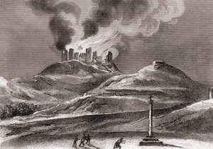 Tulipalo Montearagonin luostarissa, Quincena, Huesca, Espanja vuonna 1835 (litho) tekijältä Spanish School