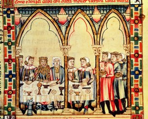 Fol.16v Kihlajuhla, käsikirjoituksesta, joka on tehty Alfonso X Kastilian ja Leonin viisaan kuninkaan johdolla tekijältä Spanish School