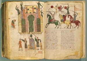 Fol.208 ja 209v Nebukadnessarin hyökkäys ja valloitus Jerusalemissa, kopio Liebanan munkin Beatusin vuonna 776 kirjoittamasta alkuperäiskappaleesta Commentary on the Apocalypse, (10. vuosisata) tekijältä Spanish School