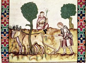 Fol.237r Maanviljelijä, joka opettaa poikaansa kyntämään peltoa tekijältä Spanish School