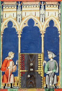 Fol.85v Kaksi backgammon-pelaajaa pelien kirjasta, shakki, nopat ja laudat, 1282 tekijältä Spanish School