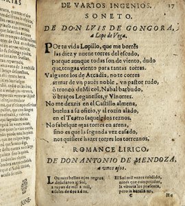 GOGOORA Y ARGOTE, Luis de (1561-1627). Kultaisen vuosisadan espanjalainen runoilija; VEGA CARPIO, Felix Lope de (1562-1635). Soneto a Lope de Vega" (Sonaatti Lope de Vegalle), runo, joka sisältyy "Poesias varias de grandes ingenios espanoles" -kokoelmaan,  tekijältä Spanish School