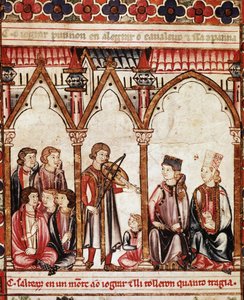 Trubaduuriryhmä, kuvitus "" Cantigas de Santa Maria" -kirjasta", tehty Alfonso X:n ("Viisas") Kastilian ja Leonin kuninkaan (1221-84) johdolla - Kuninkaan hovi ja muusikot. pienoismalli Pyhän Marian laulun käsikirjoituksesta (Cantig tekijältä Spanish School