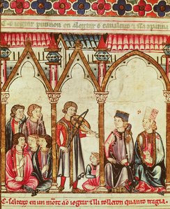 Trubaduuriryhmä, kuvitus Cantigas de Santa Mariasta, tehty Alfonso X:n (Viisas) Kastilian ja Leonin kuninkaan (1221-84) johdolla (katso myös 56625) tekijältä Spanish School