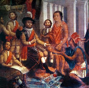 Hernando Cortes (1485-1547) vastaanottaa atsteekkien kunnianosoituksen (öljy kankaalle) tekijältä Spanish School