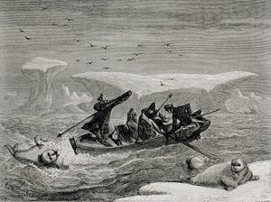 Metsästys mursua harppuuneilla Huippuvuorten saarilla, Huippuvuorten saaristossa, kuvitus teoksesta "Palu maailmaan", 1865 tekijältä Spanish School