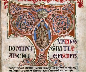 Alkukirjain T, jossa Charlemagne, kuvitus Codex Calixtinuksesta, n. 1140 tekijältä Spanish School