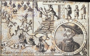 Juan Ponce taistelee Floridan alkuperäisasukkaita vastaan tekijältä Spanish School