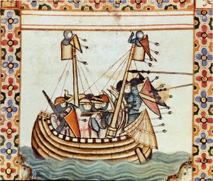 Les croises matkalla piirittämään Sarrazinen linnoitusta. Yksityiskohta yhdestä sivusta, joka on otettu Pyhän Marian laulun (Cantigas de Santa Maria) käsikirjoituksesta, koristelee Pyhälle Marialle ja hänen ihmeilleen omistettuja miniatyyrejä, kokoelma lau tekijältä Spanish School