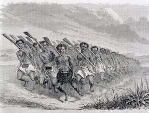 Maorisoturit sotatanssia esittämässä, kuvitus teoksesta "Paluu maailmaan" (kaiverrus) tekijältä Spanish School