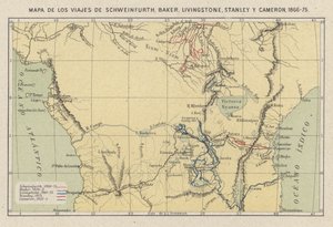 Kartta, joka näyttää tutkimusmatkailijoiden Georg August Schweinfurthin, Samuel Bakerin, David Livingstonen, Henry Morton Stanleyn ja Verney Lovett Cameronin matkat Afrikassa tekijältä Spanish School