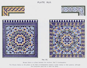 Mosaiikki-dadot pilareissa ikkunoiden välissä, Suurlähettiläshalli (väri litho) tekijältä Spanish School