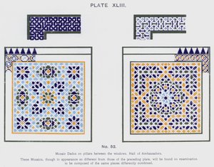 Mosaiikki-dadot pilareissa ikkunoiden välissä, Suurlähettiläshalli (väri litho) tekijältä Spanish School