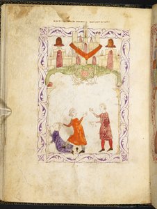 Mooses moittii kahta riitelevää israelilaista, Mooses Egyptissä, latinalais-moreskeisesta Haggadasta, MS Or 2737, f.66r, f.1275-1324 (vellum) tekijältä Spanish School