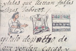 rouva Palat. 218-220 Kirja IX Atsteekkien kauppias, joka myi viittoja, Bernardino de Sahagunin Firenzen Codexista, n. 1540-85 tekijältä Spanish School