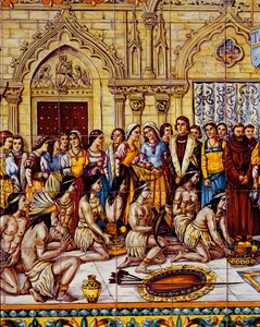 Alkuperäisamerikkalaiset toivat Kolumbuksen seuran Espanjaan vuonna 1492 (keraaminen) tekijältä Spanish School