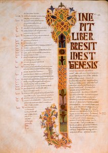 Ensimmäisen Mooseksen kirjan aloitussivu isolla I:llä Raamatun alusta, In Principio creavit Deus caelum, visigoottilais-mosaraabialaisesta Pyhän Isidoren Raamatusta, for.14v., A.D. 960 (tempera o tekijältä Spanish School