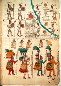 Sivu Codex Mendozasta, jossa näkyy keihäillä ja kilpeillä aseistautuneita atsteekkien sotureita, n. 1541-42 (kynä ja muste paperille) tekijältä Spanish School