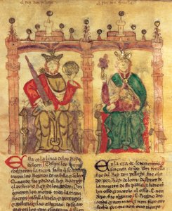Pelagius (685-737), Asturian kuningaskunnan perustaja ja hänen pojanpoikansa Fruela I (722-68) (pigmentti vellum- tekijältä Spanish School