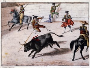 Ahvenhyppy, härkätaistelut Espanjassa, espanjalainen litografia, sd. 1800-luvulla tekijältä Spanish School